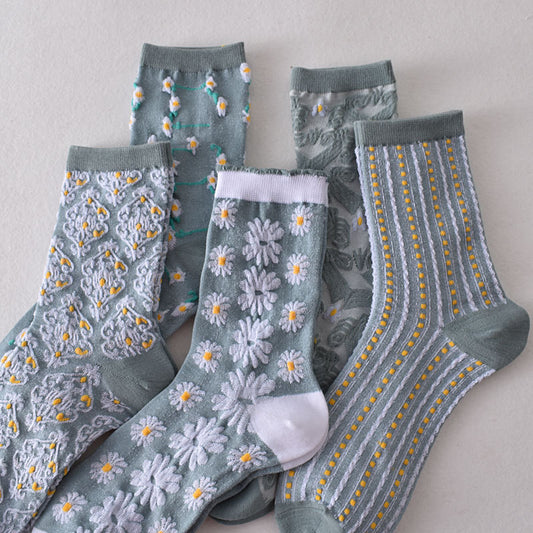 5-Pack Blue Floral Socks: Vintage Knitted Crew Elegance for Women
