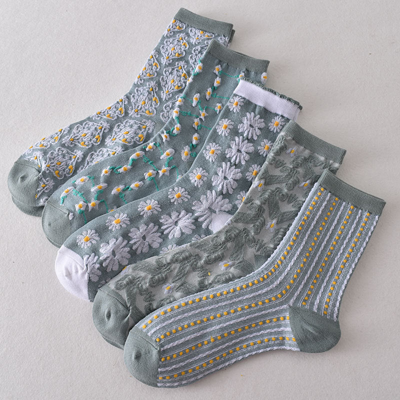 5-Pack Blue Floral Socks: Vintage Knitted Crew Elegance for Women
