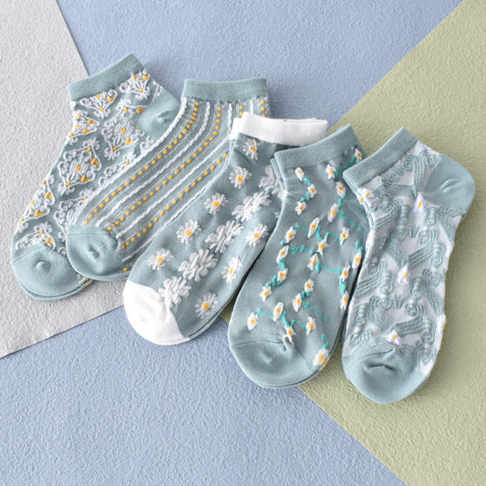 2-Pack Blue Floral Ankle Socks: Vintage Knitted Low Cut Elegance