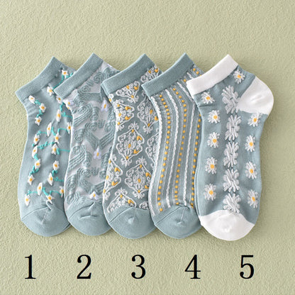 2-Pack Blue Floral Ankle Socks: Vintage Knitted Low Cut Elegance