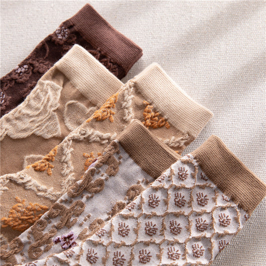 2-Pack Vintage Brown Floral Socks - Knitted Cotton Dainty Socks