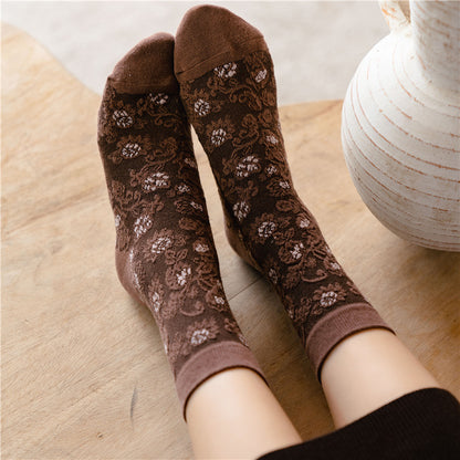 2-Pack Vintage Brown Floral Socks - Knitted Cotton Dainty Socks