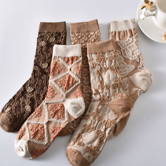 5-Pack Women’s Vintage Floral Cotton Socks – Brown Shades
