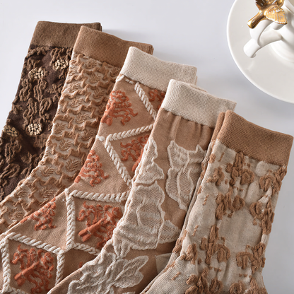 5-Pack Women’s Vintage Floral Cotton Socks – Brown Shades