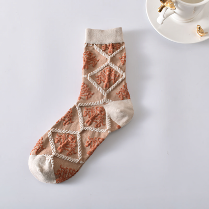 5-Pack Women’s Vintage Floral Cotton Socks – Brown Shades
