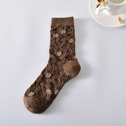 5-Pack Women’s Vintage Floral Cotton Socks – Brown Shades