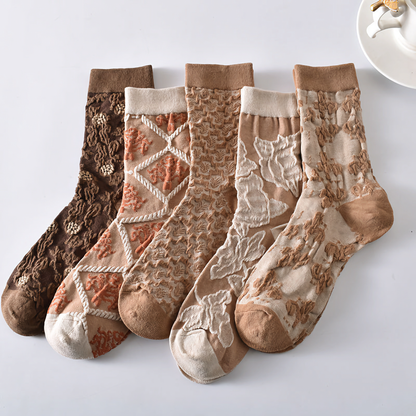 5-Pack Women’s Vintage Floral Cotton Socks – Brown Shades