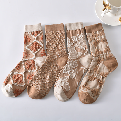 5-Pack Women’s Vintage Floral Cotton Socks – Brown Shades