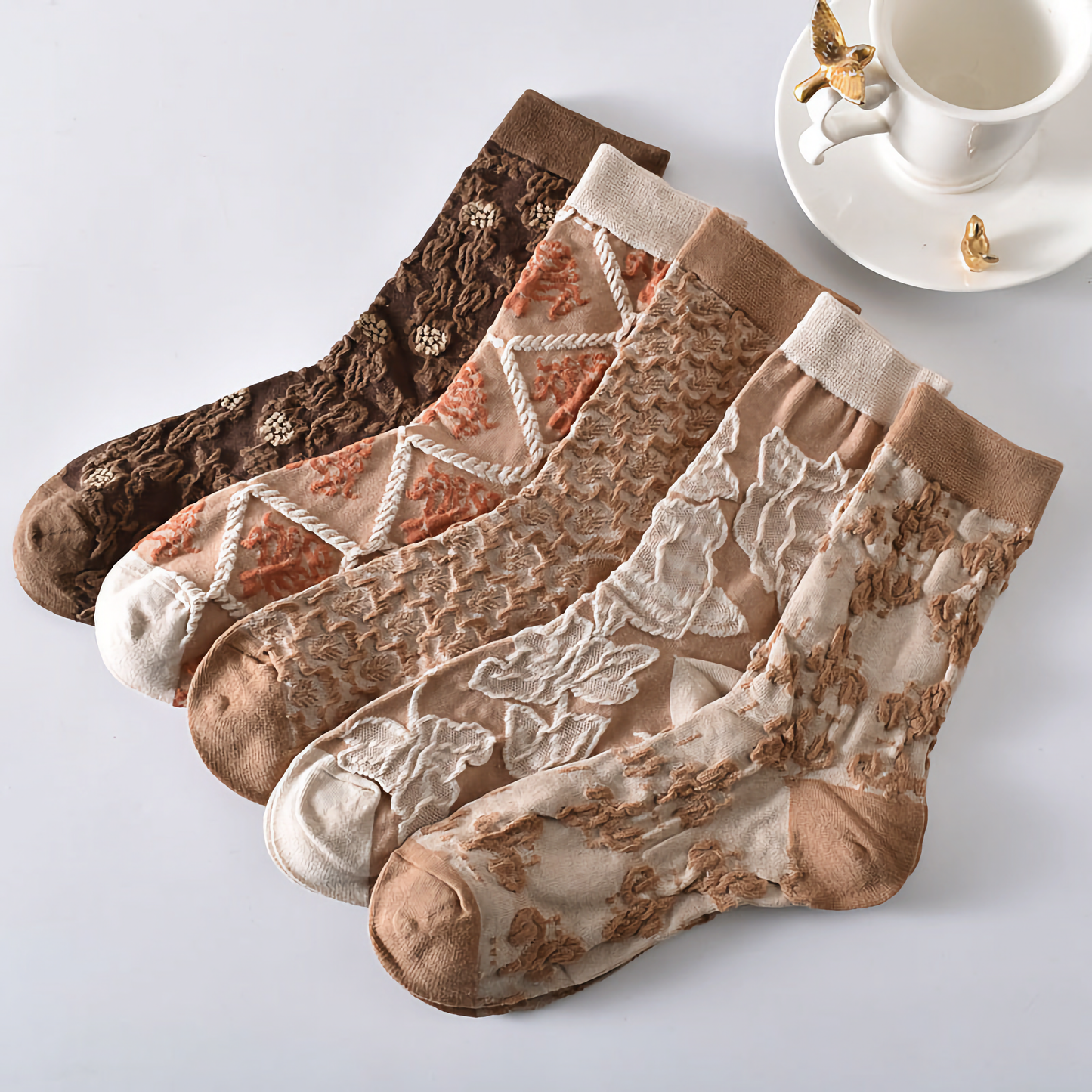 5-Pack Women’s Vintage Floral Cotton Socks – Brown Shades