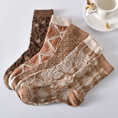 5-Pack Women’s Vintage Floral Cotton Socks – Brown Shades