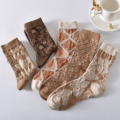 5-Pack Women’s Vintage Floral Cotton Socks – Brown Shades
