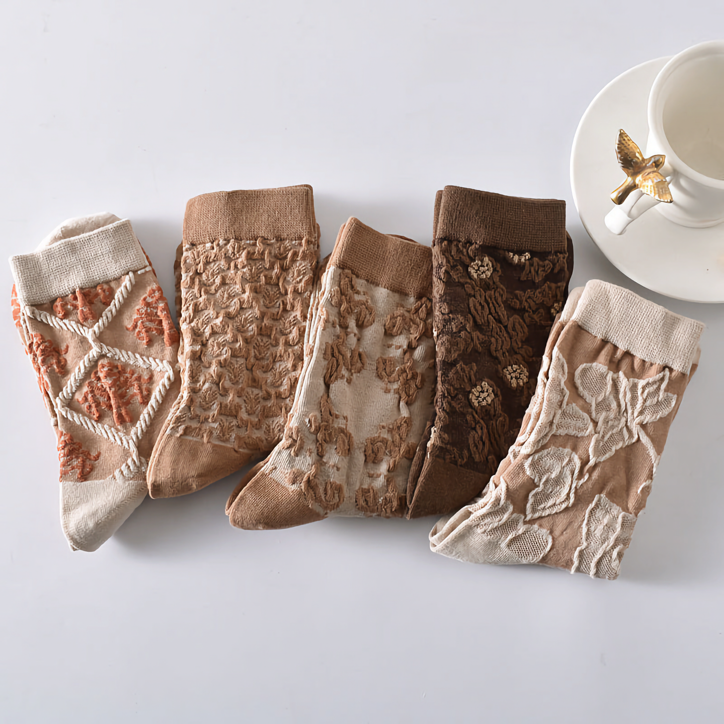 5-Pack Women’s Vintage Floral Cotton Socks – Brown Shades