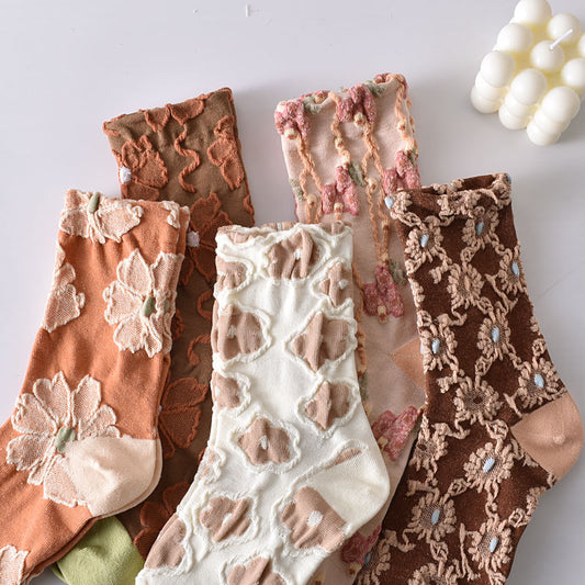 5-Pack Bestseller: Women's Vintage Floral Knitted Cotton Crew Socks