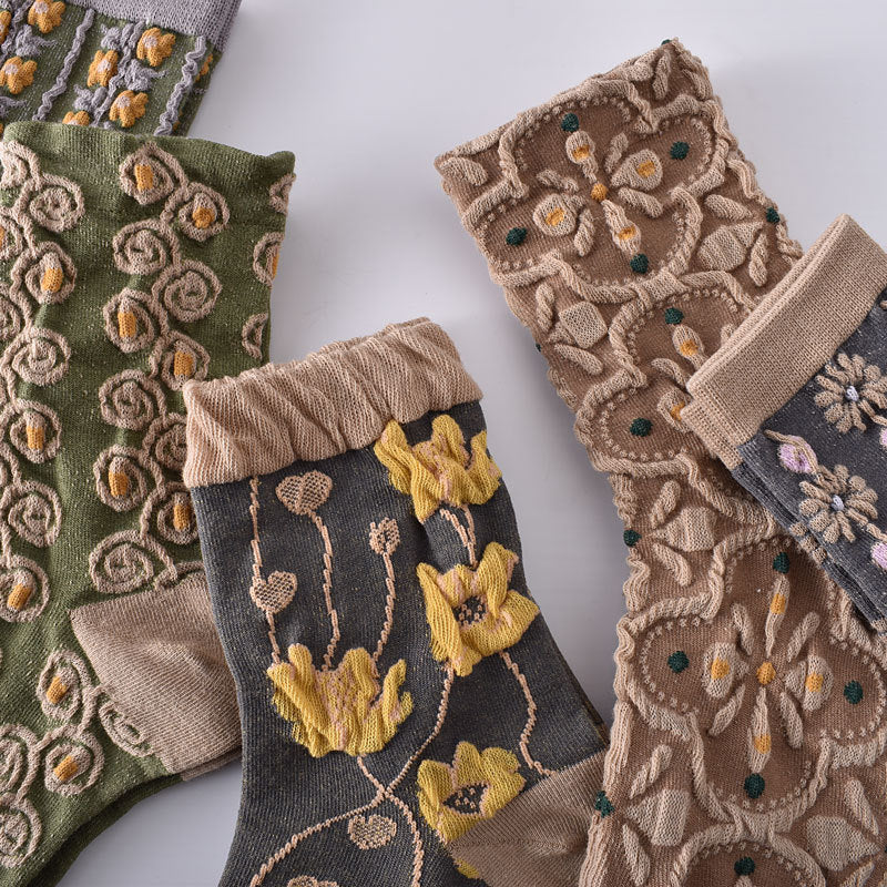5-Pack Vintage Floral Socks: Premium Knitted Cotton Crew Comfort