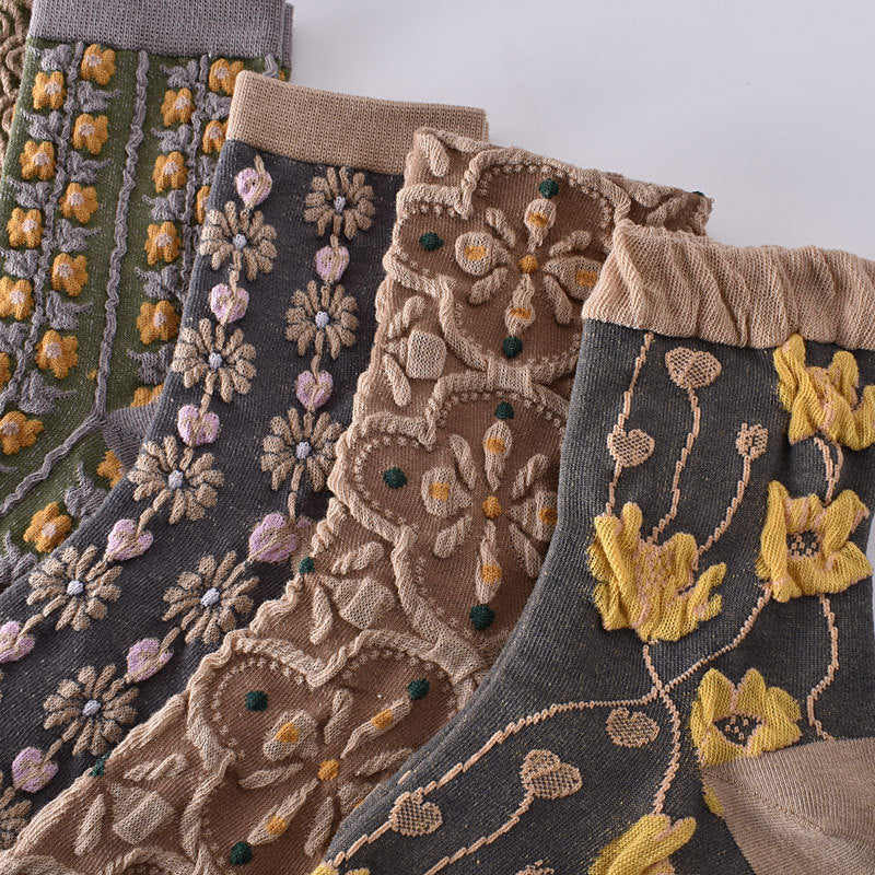 5-Pack Vintage Floral Socks: Premium Knitted Cotton Crew Comfort