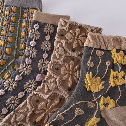 5-Pack Vintage Floral Socks: Premium Knitted Cotton Crew Comfort