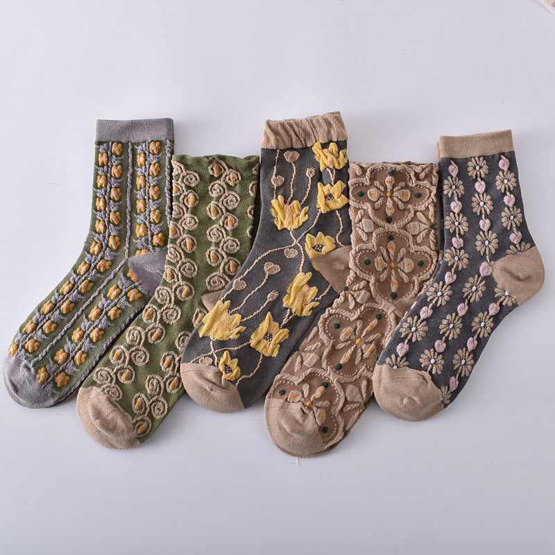 5-Pack Vintage Floral Socks: Premium Knitted Cotton Crew Comfort