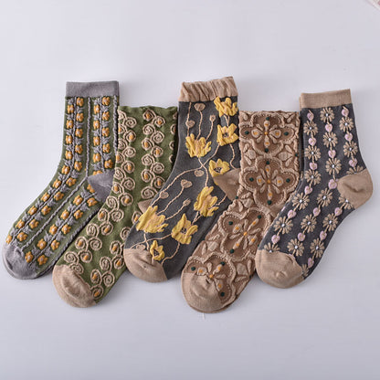 5-Pack Vintage Floral Socks: Premium Knitted Cotton Crew Comfort