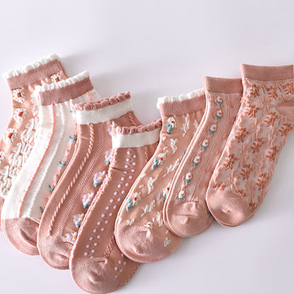 2-Pack Pink Flower Ankle Socks: Vintage Knitted Low Cut Elegance for Women