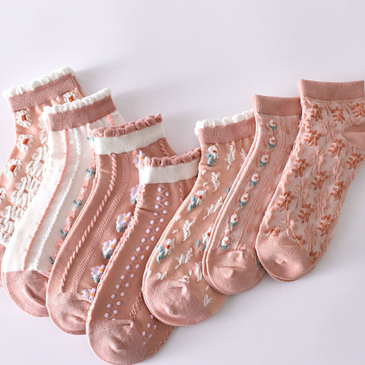 2-Pack Pink Flower Ankle Socks: Vintage Knitted Low Cut Elegance for Women