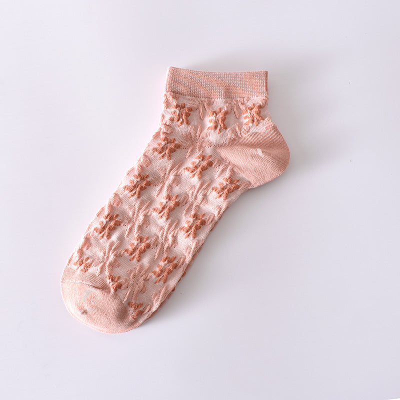 2-Pack Pink Flower Ankle Socks: Vintage Knitted Low Cut Elegance for Women
