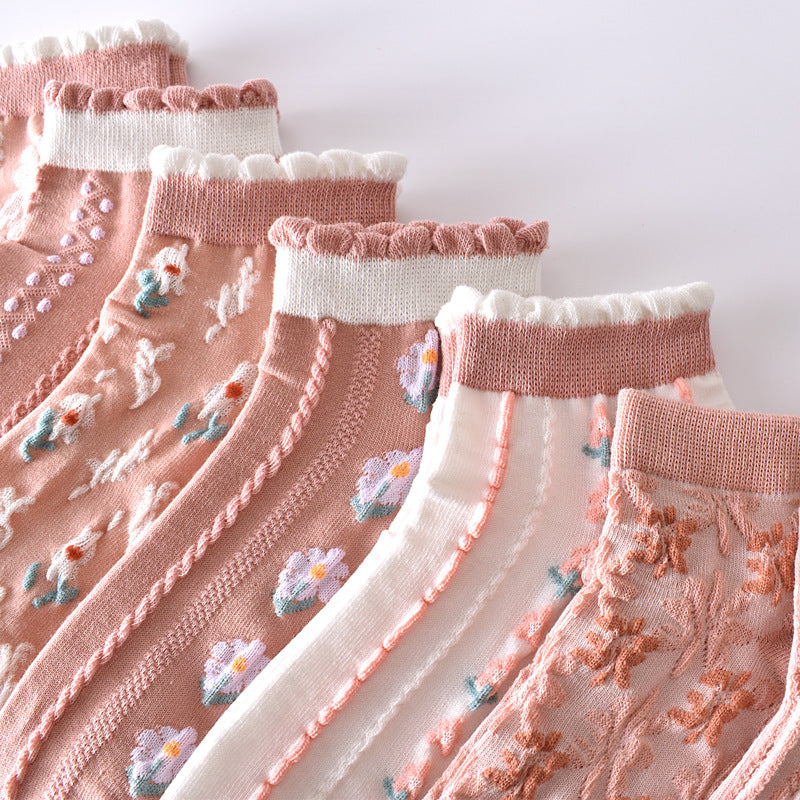 2-Pack Pink Flower Ankle Socks: Vintage Knitted Low Cut Elegance for Women