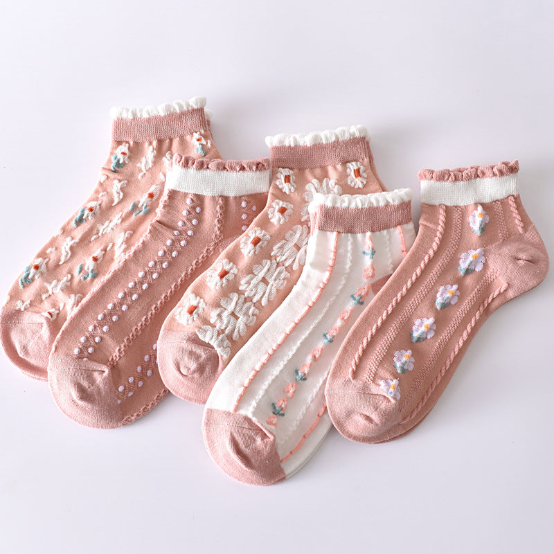2-Pack Pink Flower Ankle Socks: Vintage Knitted Low Cut Elegance for Women