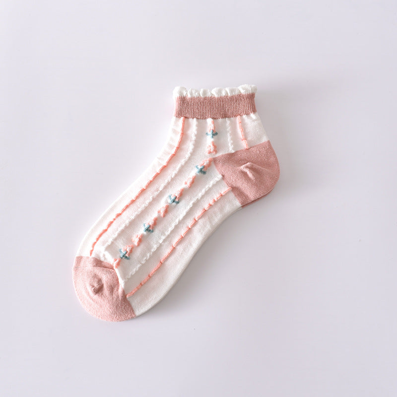 2-Pack Pink Flower Ankle Socks: Vintage Knitted Low Cut Elegance for Women