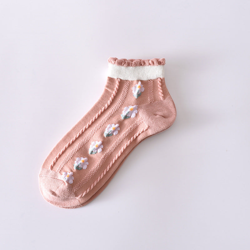 2-Pack Pink Flower Ankle Socks: Vintage Knitted Low Cut Elegance for Women