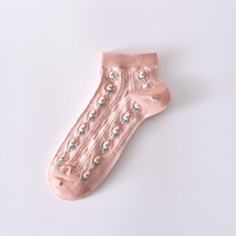 2-Pack Pink Flower Ankle Socks: Vintage Knitted Low Cut Elegance for Women