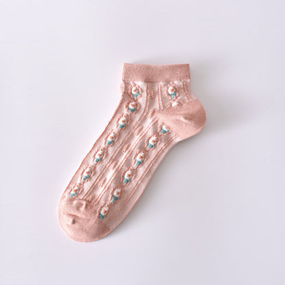 2-Pack Pink Flower Ankle Socks: Vintage Knitted Low Cut Elegance for Women