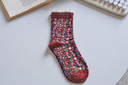 2-Pack Women's Vintage Floral Socks - Lace Trim, Soft & Elegant