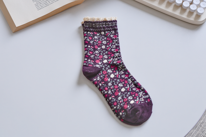 2-Pack Women's Vintage Floral Socks - Lace Trim, Soft & Elegant