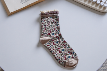 2-Pack Women's Vintage Floral Socks - Lace Trim, Soft & Elegant