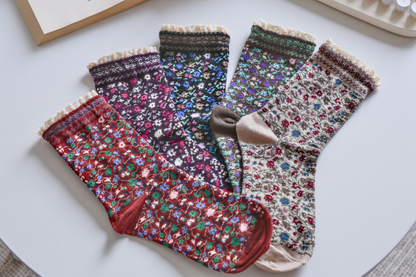2-Pack Women's Vintage Floral Socks - Lace Trim, Soft & Elegant