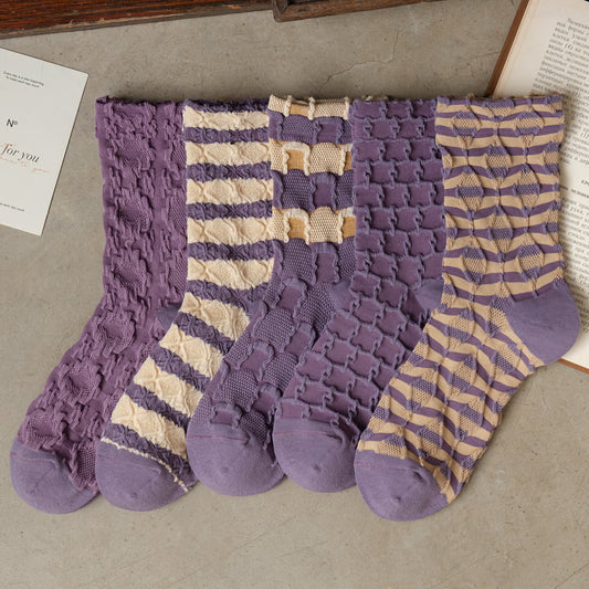 5-Pack Purple Socks: Vintage Style Versatile Cotton Comfort