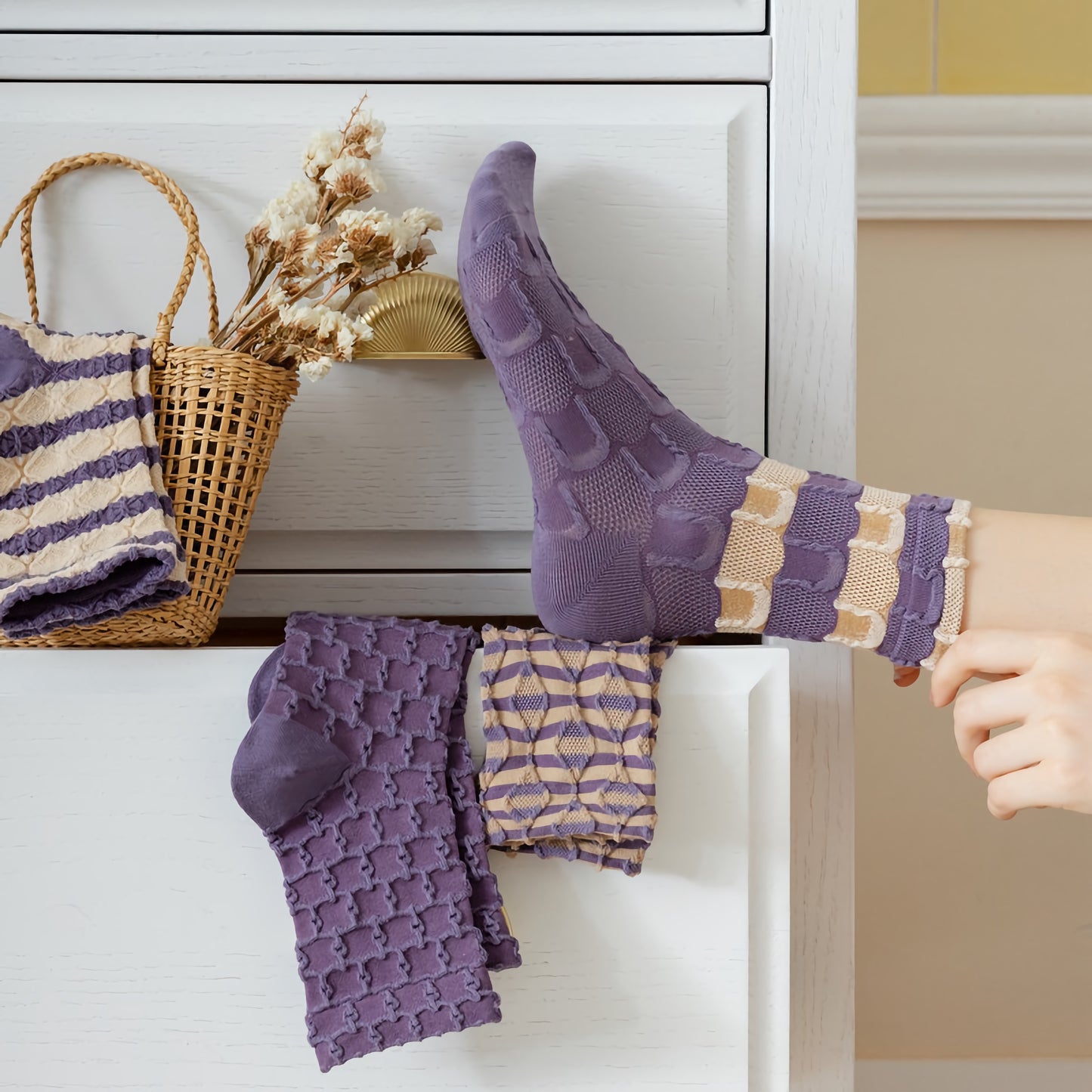 5-Pack Purple Socks: Vintage Style Versatile Cotton Comfort