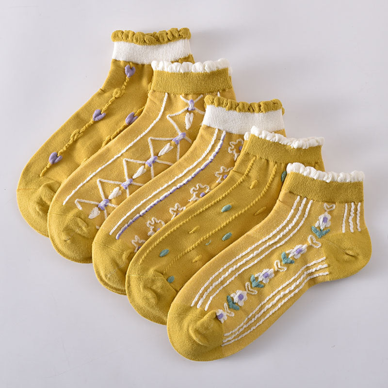 5-Pack Yellow Ankle Socks: Premium Knitted Cotton Low Cut Comfort