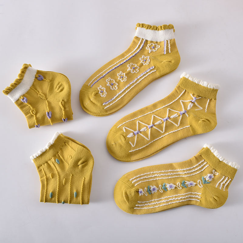 5-Pack Yellow Ankle Socks: Premium Knitted Cotton Low Cut Comfort