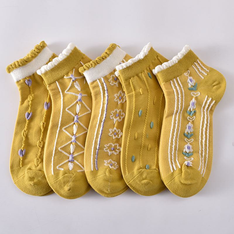 5-Pack Yellow Ankle Socks: Premium Knitted Cotton Low Cut Comfort