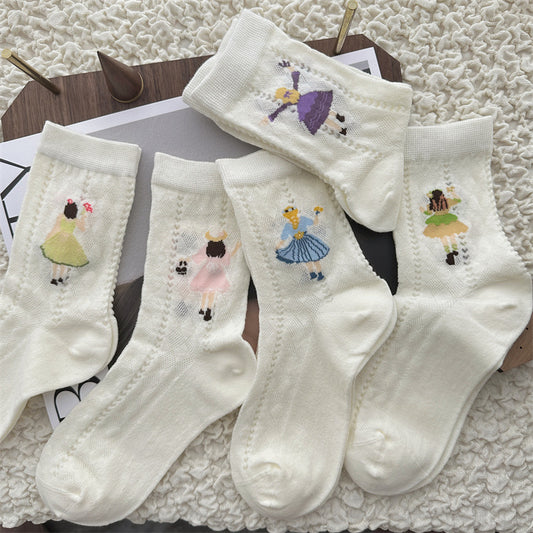 2-Pack Women’s Sheer Cotton Crew Socks with Illustrated Girls