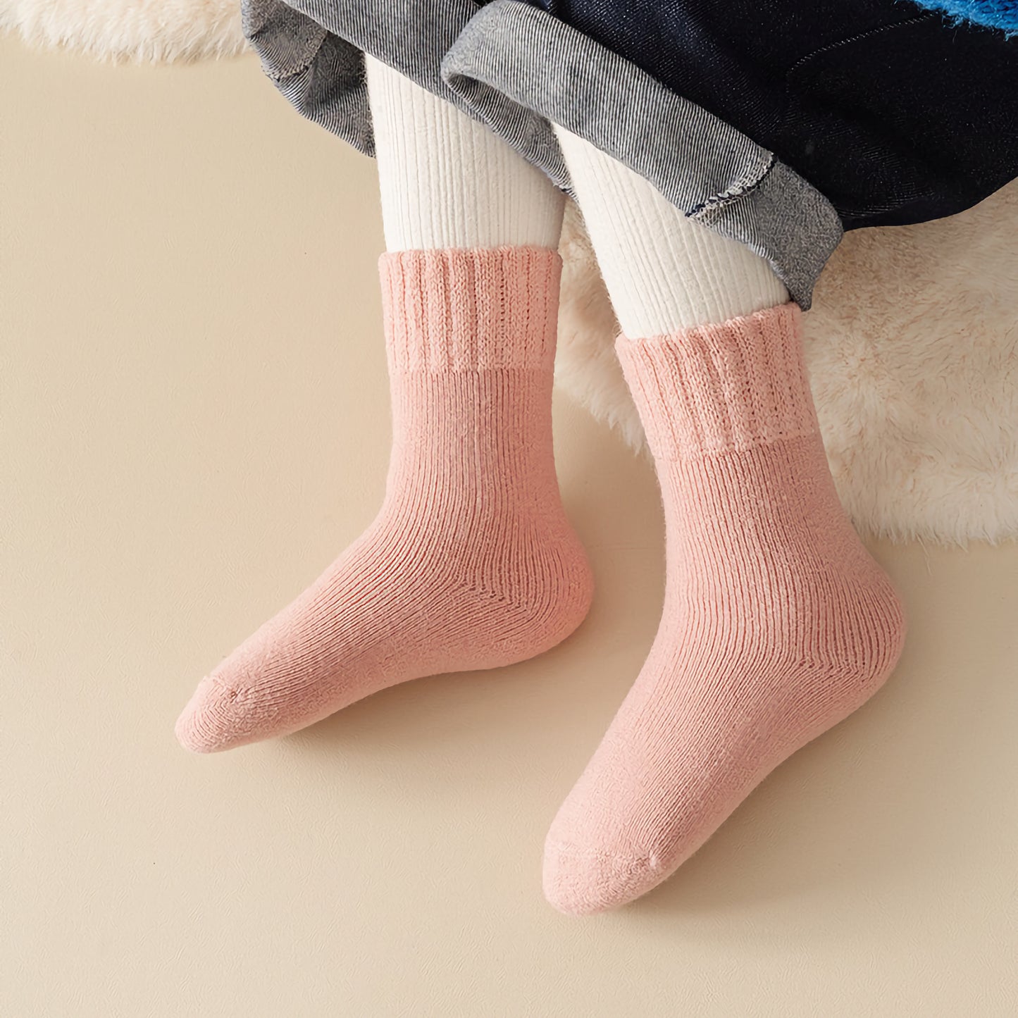 2-Pack Kids' Warm Wool Socks - Thick Fleece-Lined, Solid Colors