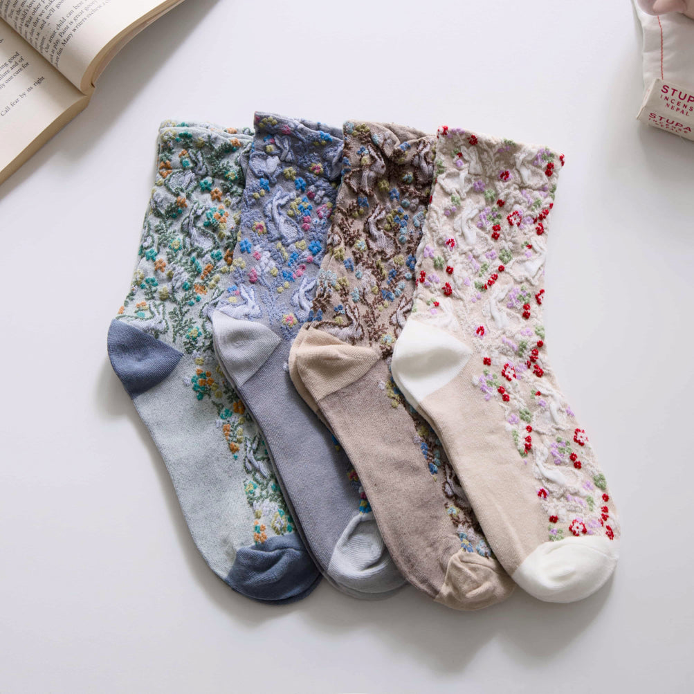 2-Pack Women’s Retro Cotton Crew Socks – Floral Rabbit Easter Style