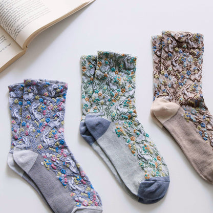 2-Pack Women’s Retro Cotton Crew Socks – Floral Rabbit Easter Style