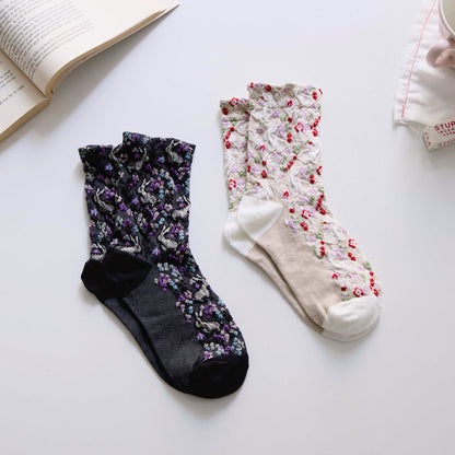 2-Pack Women’s Retro Cotton Crew Socks – Floral Rabbit Easter Style