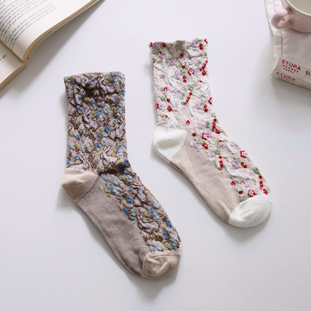 2-Pack Women’s Retro Cotton Crew Socks – Floral Rabbit Easter Style