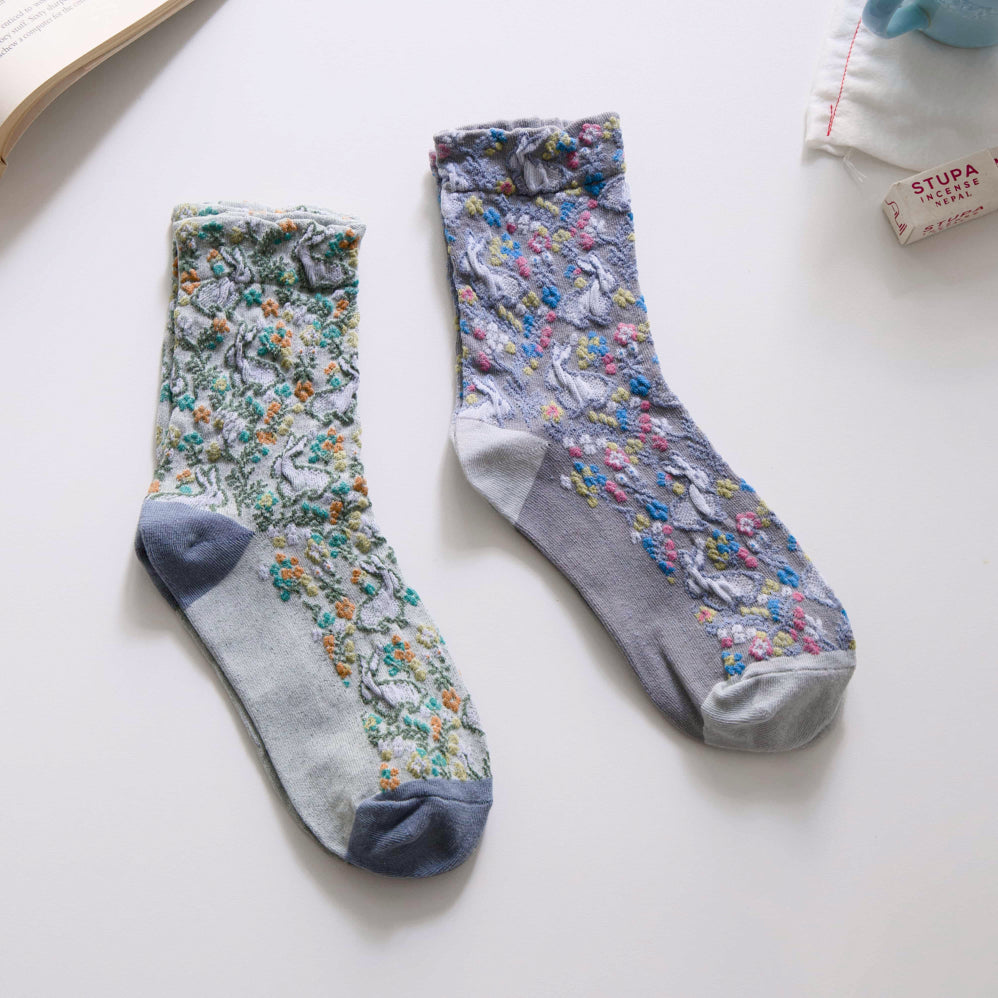 2-Pack Women’s Retro Cotton Crew Socks – Floral Rabbit Easter Style