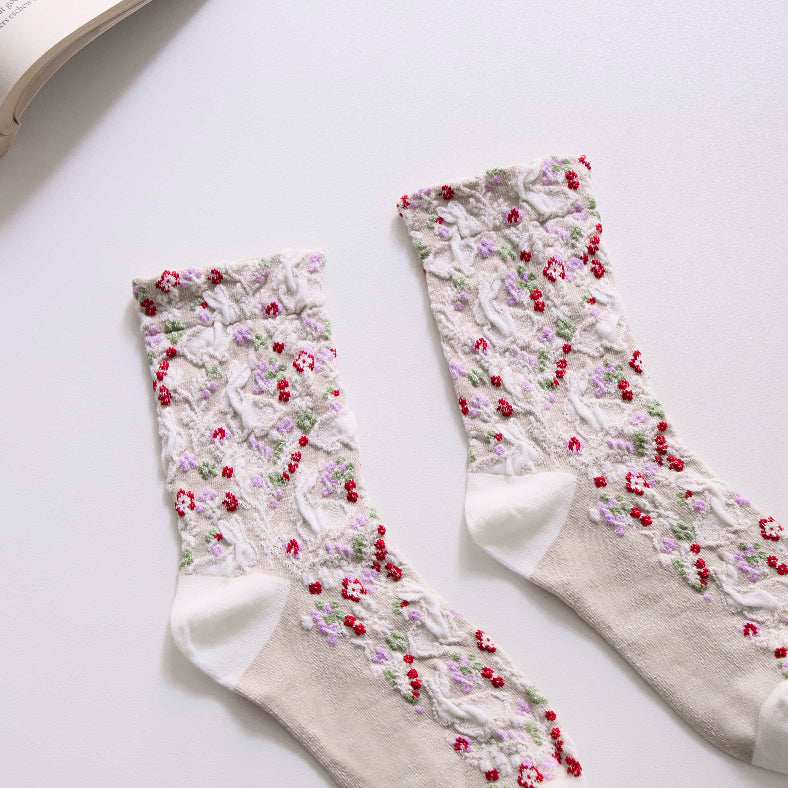 2-Pack Women’s Retro Cotton Crew Socks – Floral Rabbit Easter Style