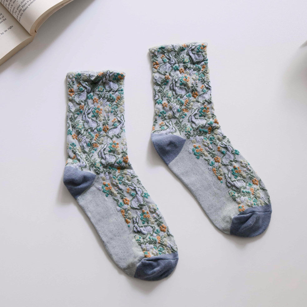 2-Pack Women’s Retro Cotton Crew Socks – Floral Rabbit Easter Style