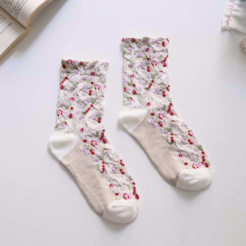 2-Pack Women’s Retro Cotton Crew Socks – Floral Rabbit Easter Style